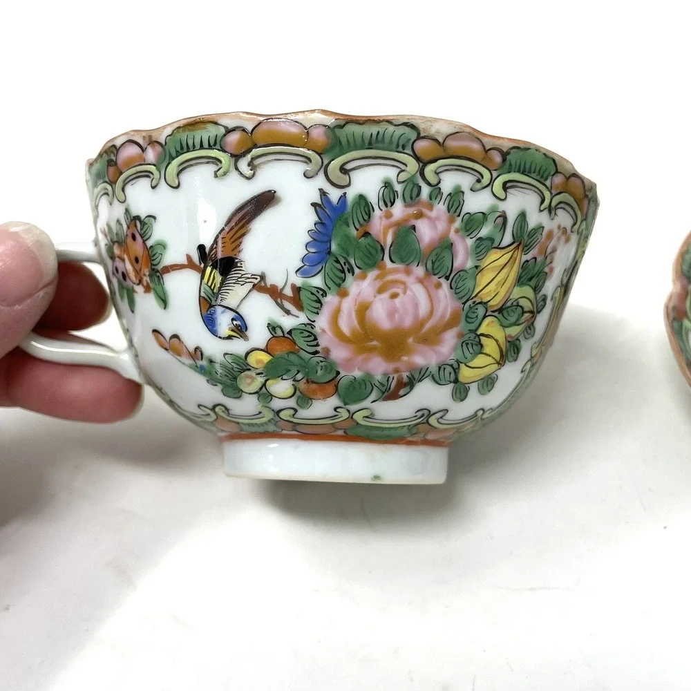 Antique Rose Medallion Chinese Porcelain Tea Cup & Saucer‎ Lot Of 3 Asian Art